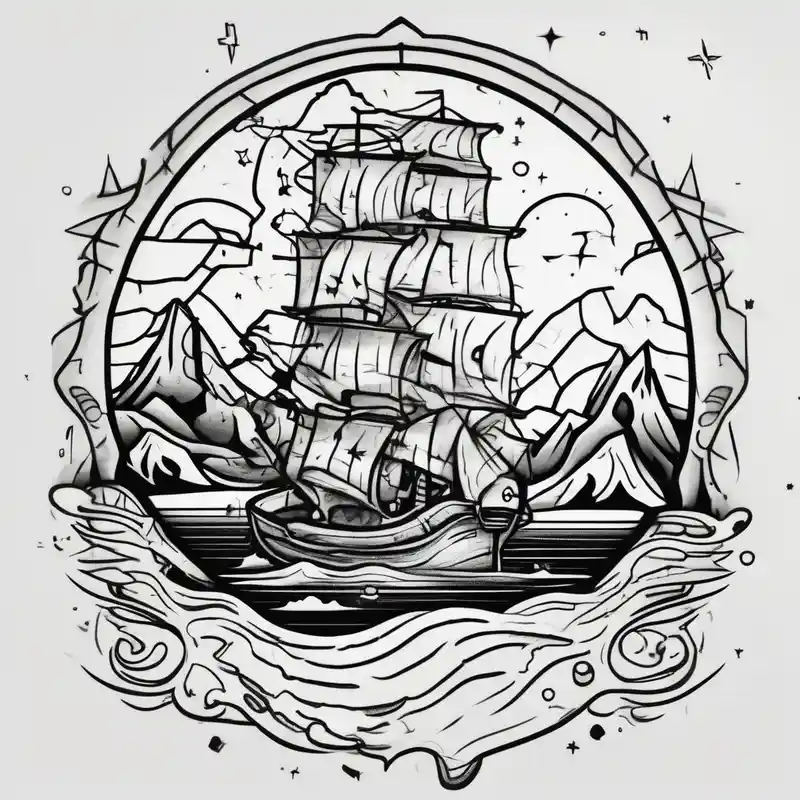 tattoo that has an acacia tree with mountains, ocean with a ship wreck and the northern star half sleeve tattoos for men